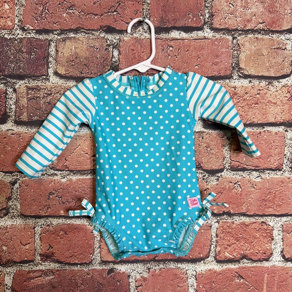 Ruffle Butts Aqua Heart Polka Dot One Piece Rash Guard Swimsuit size 3-6 Months